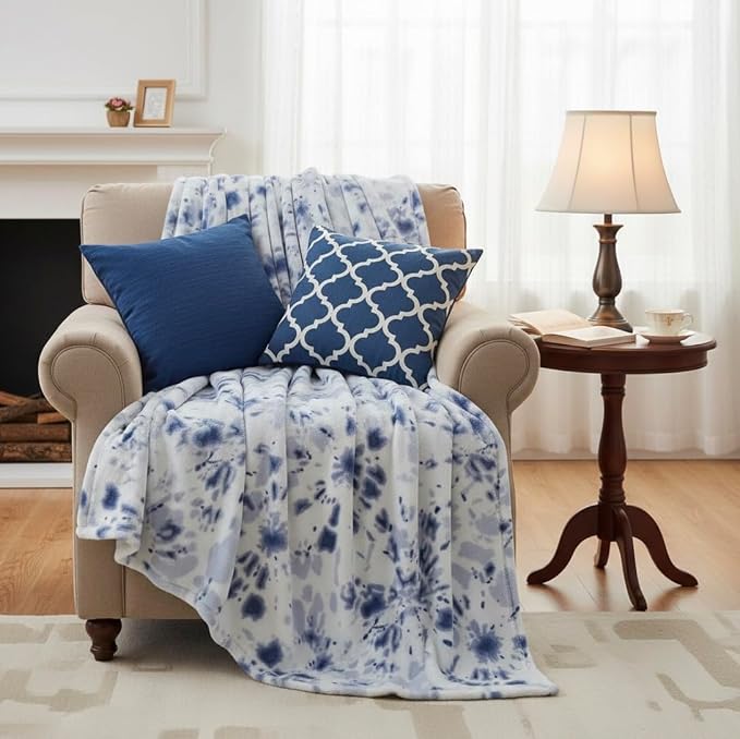 Bohemian Fleece Throw Blanket: Boho Velvety Soft Tie Dye Design, Purple Blue White, 50" x 70" (Tie Dye)
