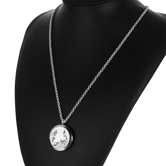 Aromatherapy Essential Oil Diffuser Necklace - Stainless Steel Locket Peacock Pendant with 24" Chain 8 Colors Pads for Mother Christmas Birthday Father's Day Women Men