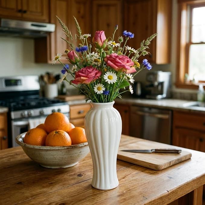 White Ceramic Vase, 9.3 Inch Water Safe Vase for Fresh Flowers, Farmhouse Home Decor Table Centerpieces for Living Room Cabinet Wedding(9'' Retro)