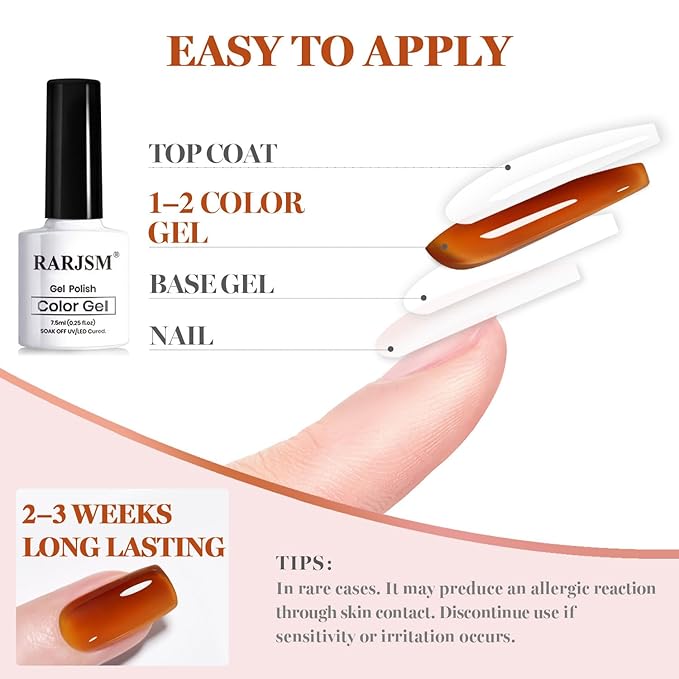 RARJSM Jelly Brown Stained Glass Gel Nail Polish Set 6pcs Clear Glazed Amber Orange Caramel Mocha Brown Wine Cherry Red Crystal Transparent Sheer Gel Varnish Curing Requires Home Salon Manicure