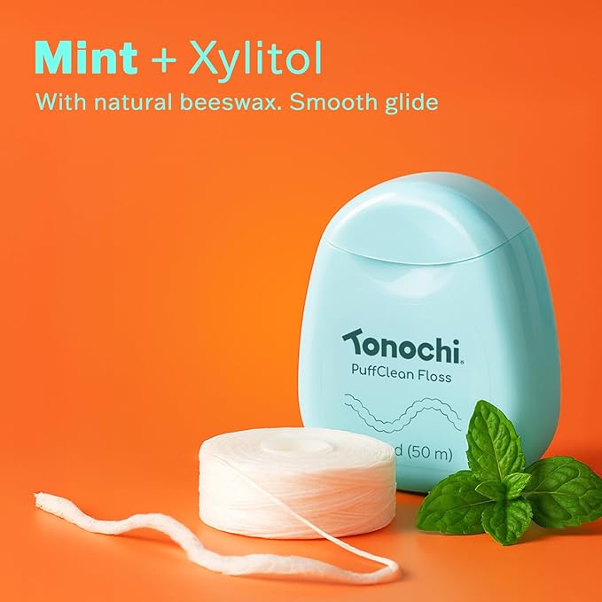 Tonochi PuffClean Expanding Dental Floss, Natural Beeswax Coating — Expands When Wet, Smooth Glide, Gentle on Gums, Mint + Xylitol Freshness, 3-Pack (55 yd Each)