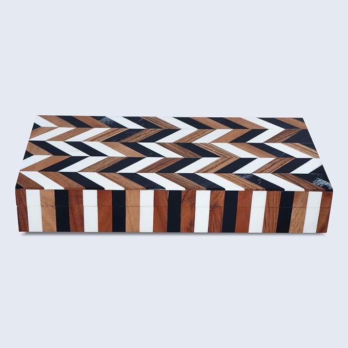 Handicrafts Home Large Decorative Storage Box with Lid Wooden Decorative Box Large Storage Box for Living Room, Mental Decor– Natural Wood Resin Inlay Marquet Cosmo Collection- 12x6x2