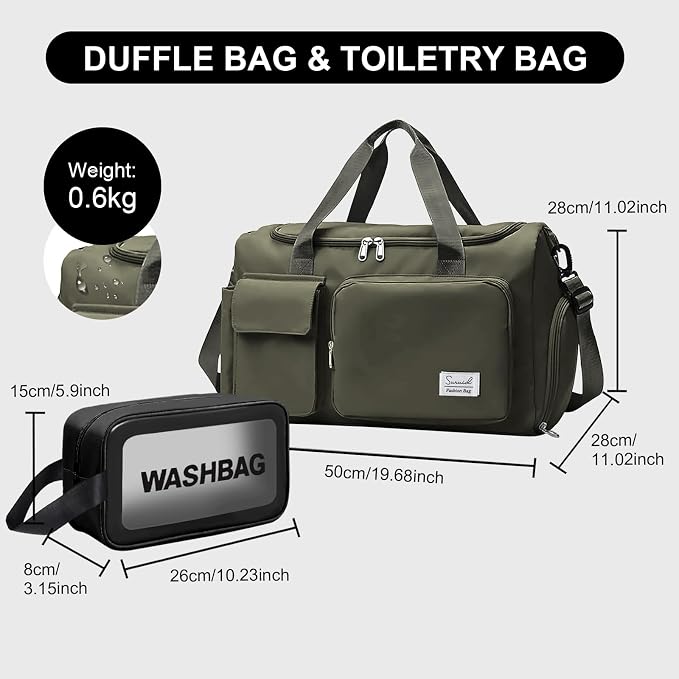 Suruid Gym Bag for Women Men, Travel Duffle Bag Large Capacity Carry On Weekender Bag With Shoe Compartment Gym Tote Dry Wet Separation Duffel Bag with Makeup Bag, Olive Green