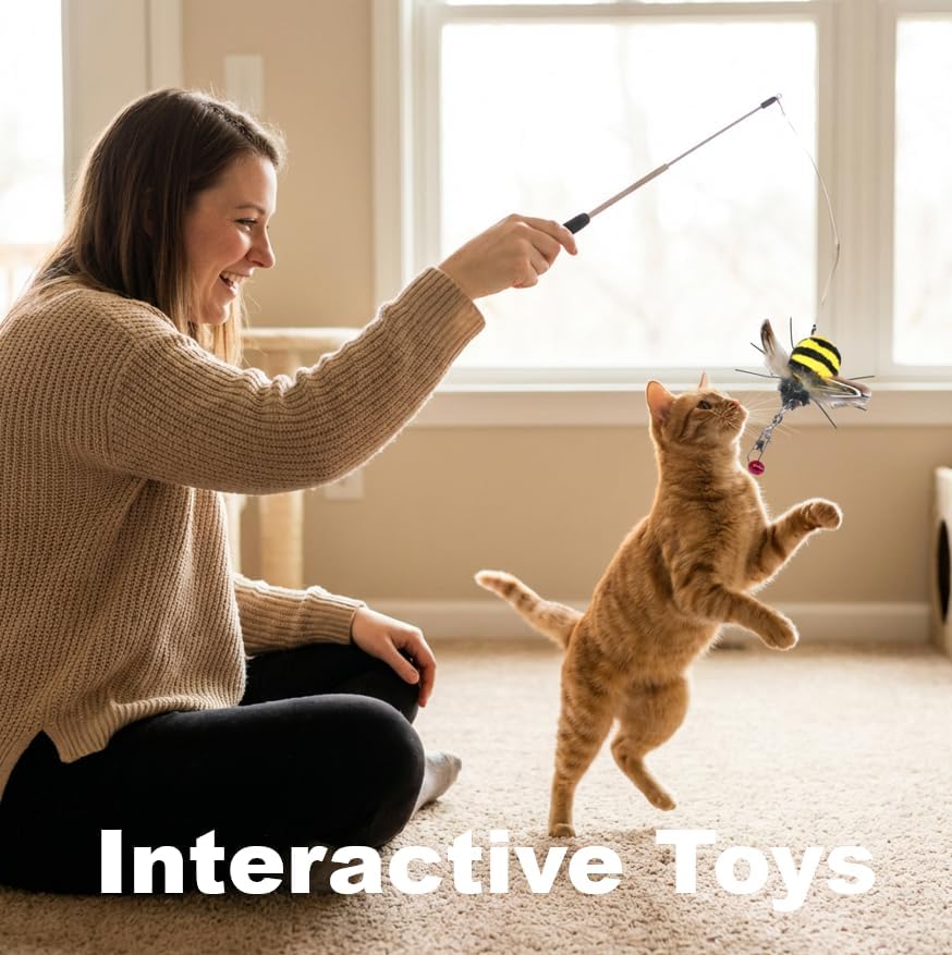 Cat Insect Feather Toys Replacement - 2 Pcs Handmade Natural Bees - Cat Toy Wand Refills - Interactive Kitten Teaser Wand Attachments - Cat Toys for Indoor Cats Play