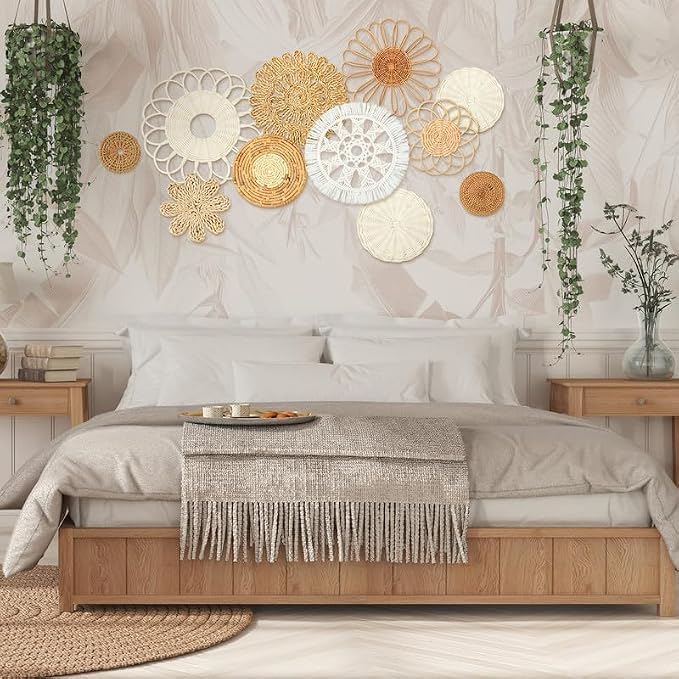 Tatuo 11 Pcs Boho Wall Basket Decor Bulrush Woven Wall Hanging Art Round Farmhouse Rustic Handmade Wicker for Summer Home, Bedroom, Living Room, Kitchen Decorations, Multi Sizes(Novel)