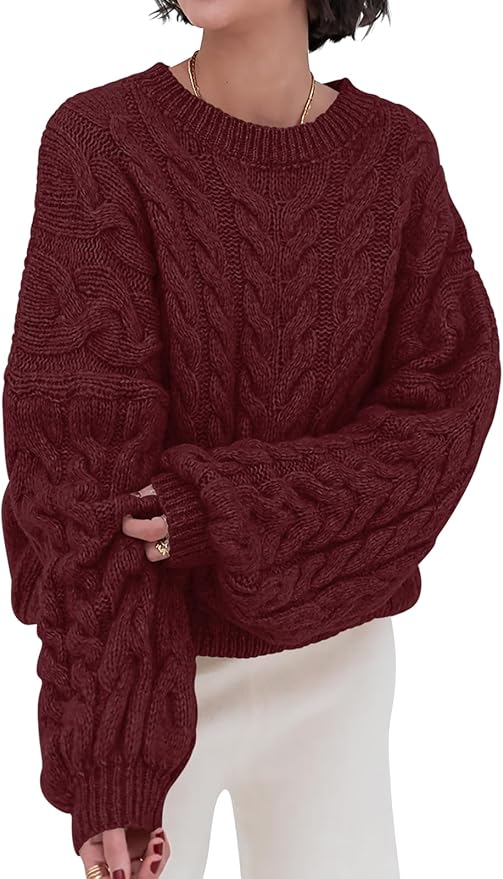 PRETTYGARDEN Womens Sweaters Spring 2026 Cable Knit Long Sleeve Crewneck Oversized Sweater Chunky Pullover Loose Outfits