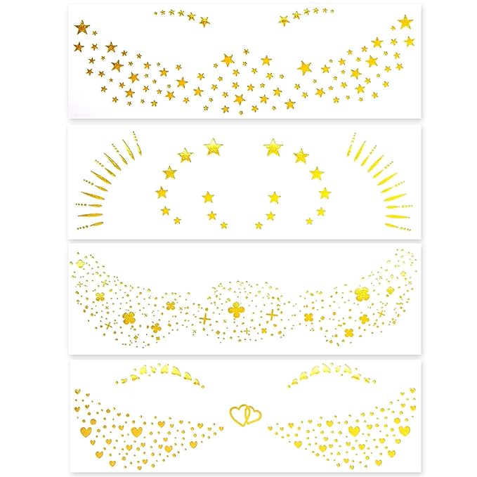 Gold Freckle Tattoo for Halloween - Glitter Temporary Face & Body Tattoos Set (8 Sheets) - Butterfly, Heart & Floral Fake Freckles for Women, Girls, Festival, Party, Costume Accessories