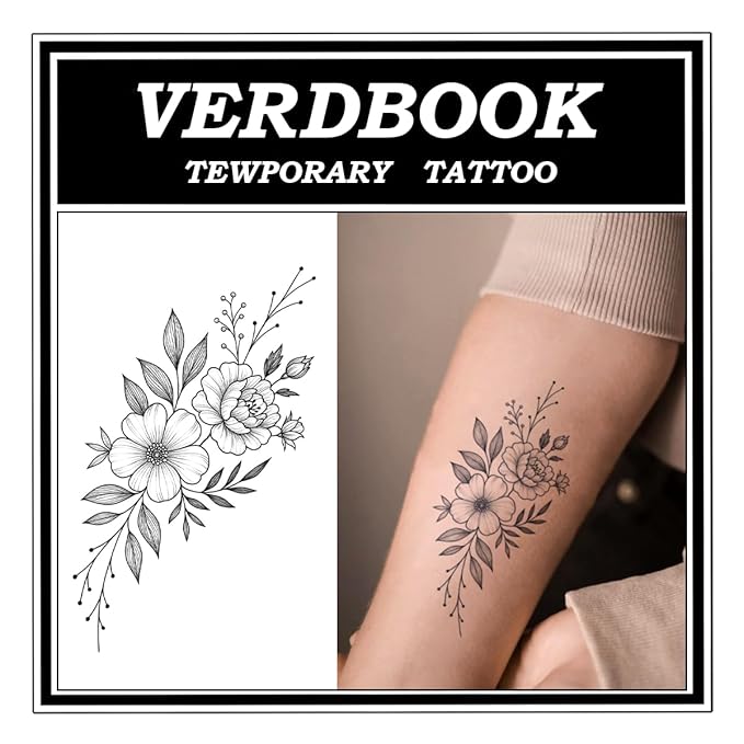 Waterproof Temporary Tattoos: 2-Sheet Tattoo Kit with Realistic Body Stickers, Semi-Permanent Tattoos for Adults Lasting 7-15 Days – Safe for Men & Women, Peony Pattern