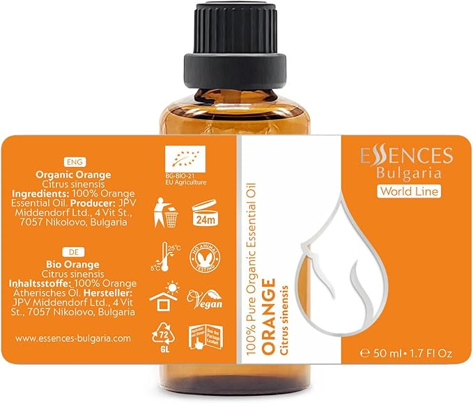 Essences Bulgaria Organic Orange Essential Oil 1.7 Fl Oz 50ml Citrus sinensis - 100% Pure and Natural Undiluted Therapeutic Grade Home Aromatherapy Humidifier Vegan Cosmetic Skincare Candles