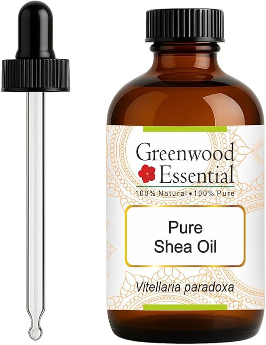 Greenwood Essential Shea Oil (Vitellaria paradoxa) with Glass Dropper | Infused | Pure | Non-Sticky | Lightweight | Rich Texture | For Skin & Hair Routines | Men & Women | 120ml (4 oz)