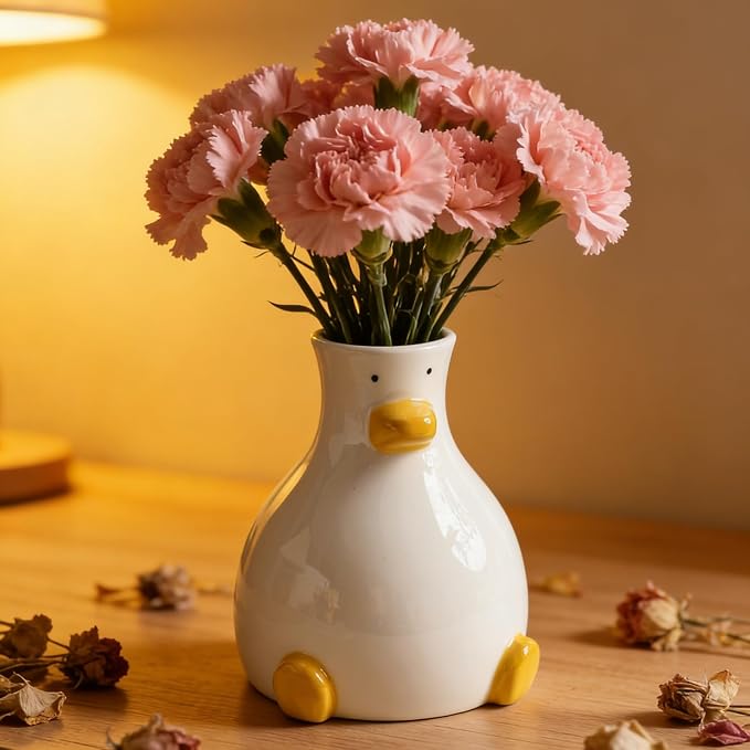 Ceramic DuckVase White Modern Flower Vase with Unique DuckDesign Aesthetic Table Decor Funky Trendy Art Planter Holder for Flowers, Home Office Shelf Decoration