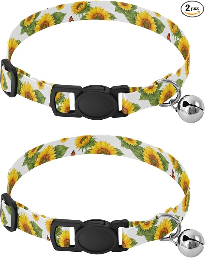 Sunflower Butterfly Leaves White Soft Cat Collar, 2 Pack Decorative Pet Collar with Bell