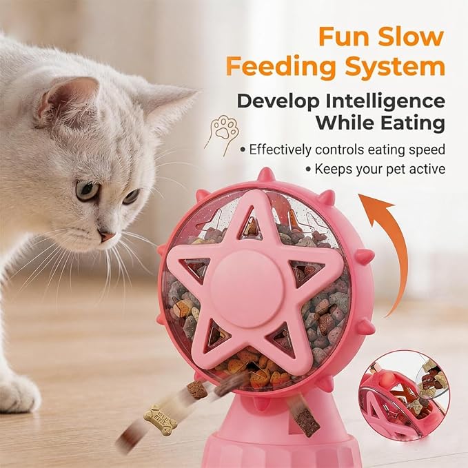 2-in-1 Interactive Cat Toy, Rotating Treat Dispenser with Strong Suction Cup & Teaser Wand, Adjustable Slow Feeder Puzzle Toy for Cats, Boredom Relief & Mental Stimulation Fits Kibble ,Treats (Pink)