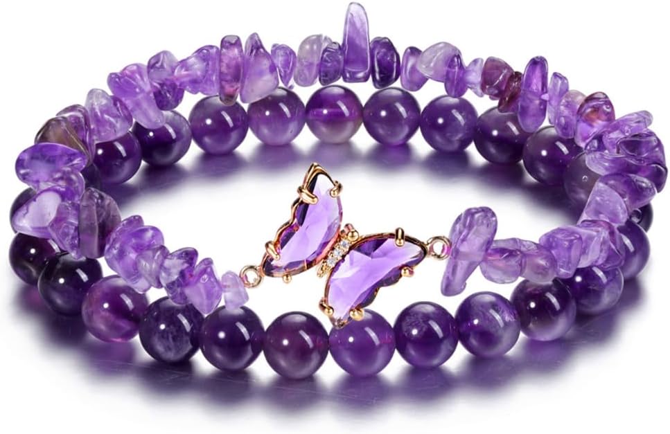 Top Plaza Amethyst Bracelet Healing Crystal Stone Bracelet for Women 8mm Crystal Beads Butterfly Charms Stretch Bracelet Handmade Energy Gemstone Bracelet Jewelry