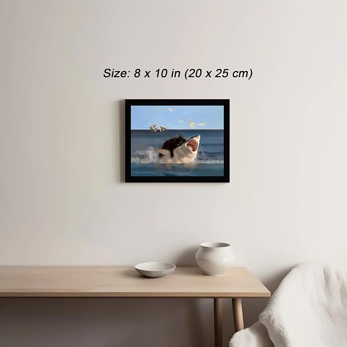 ICHZUMW Framed Funny Black Cat Biting Shark Ocean Canvas Wall Art 8x10 In | Quirky Cat Biting Shark Oil Painting, Humorous Bathroom Wall Decor, Bedroom Bar Man Cave Restroom Powder Room, Ready to Hang