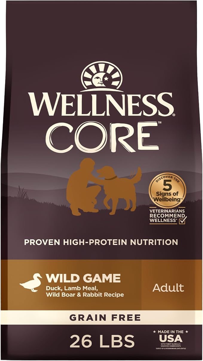 Wellness CORE Dry Dog Food, Grain-Free, High Protein, Natural, Wild Game Duck, Lamb, Wild Boar, & Rabbit Recipe, (26-Pound Bag)