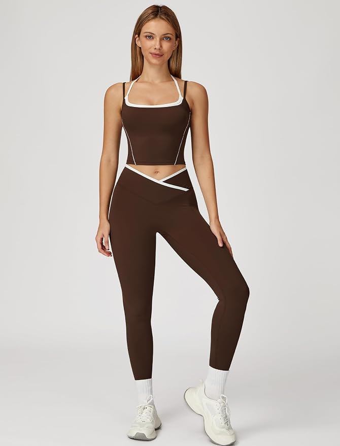 ABOCIW Workout Sets for Women 2 Piece Color Block Strappy Sports Bra High Waist Shorts Gym Yoga Pilates Outfits