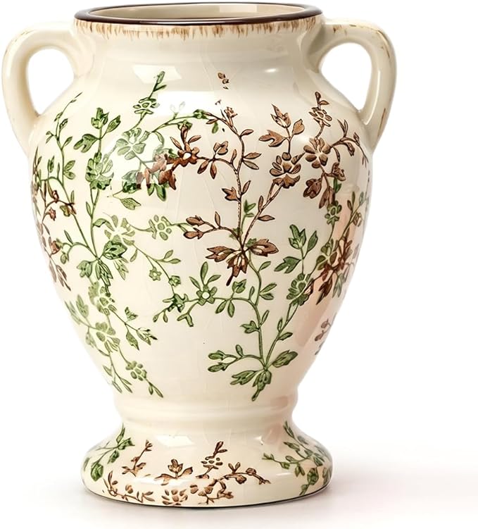 Green and Beige Antique Vase with Handles, Vintage Chinoiserie Floral Vase, Rustic Ceramic Vase for Home Decor, Living Room, Bookshelf, Office, Entryway, Garden, Chinoiserie Decor, Tuscan Decor