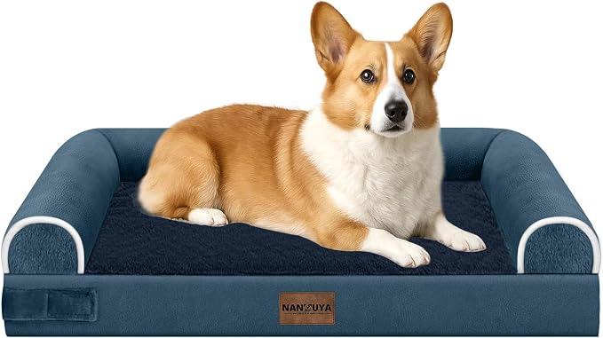 Orthopedic Dog Bed for Medium Dogs, 30 x 20 Inch, Navy Blue | Egg crate foam for joint support, 3-sided bolster pet sofa, waterproof lining, washable cover, and non-skid base