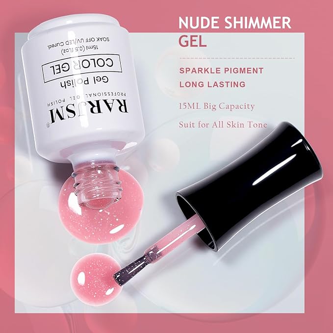 RARJSM Nude Glitter Gel Nail Polish Clear Pink Rainbow Chunky Sparkle Shimmer Jelly Nuded Iridescent Transparent Pink Gel Polish Single Bottle Soak off UV LED Cured for Home Salon Manicure 15ML