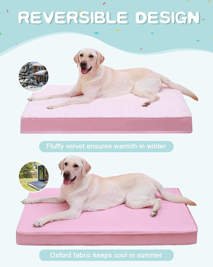KSIIA Orthopedic Dog Bed for Large Dogs with Waterproof Lining, Pink, 41x27 | Deluxe Soft Plush Dog Crate Bed, Washable Pet Mat with Removable Cover & Egg Crate Foam for Large Dogs Sleeping & Relaxing