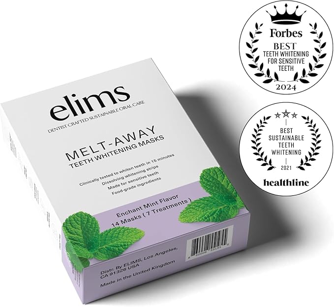 ELIMS Melt-Away Teeth Whitening Non-Toxic Strips for Sensitive Teeth - 14 Strips, 7 Treatments - Dissolving Mess-Free Application