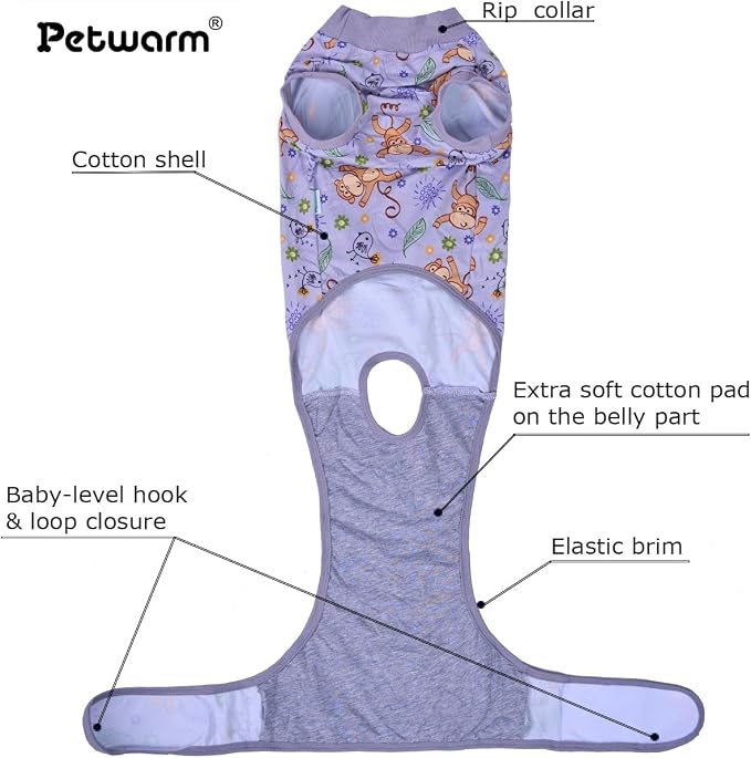 PetWarm Recovery Suit for Dogs, Dog Surgical Recovery Suit Female and Male, Dog Onesie for Surgery, Anti-Licking Dog Surgery Recovery Suit, Monkey Pattern, Grey, 2XL