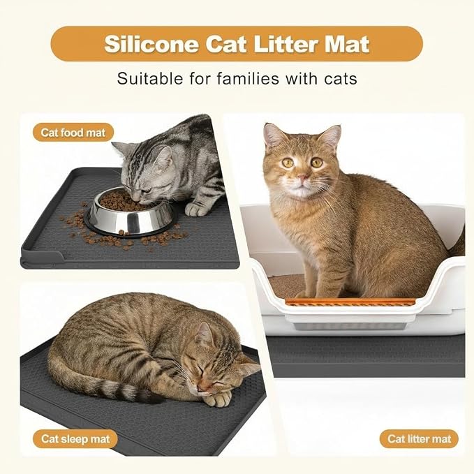 Extra Large Cat Litter Box Mat 34" x 22" – Waterproof Silicone Litter Trapper, Non-Slip, Easy to Clean Floor Protector, Soft on Kitty Paws(Dark Gray)