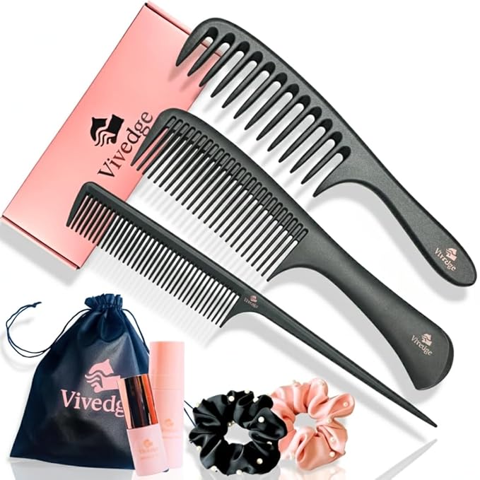 VIVEDGE| Curly Hair Carbon Comb Set | Carbon Fiber Detangler Wide Tooth Parting Combs anti static frizz-free with Premium Acccessories for Styling | Gift for loved ones (Black-Pink)