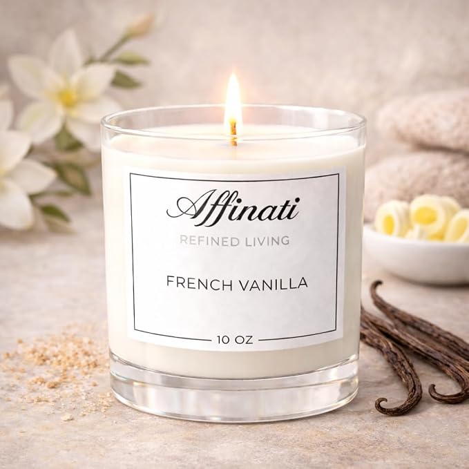 French Vanilla Affinati 10 oz Scented Candle for Home – Long Lasting Fruity Soy Blend Candle with Wooden Wick, Strong Scent Throw Glass Jar Candles, Premium Clean Burning Aromatherapy Gifts