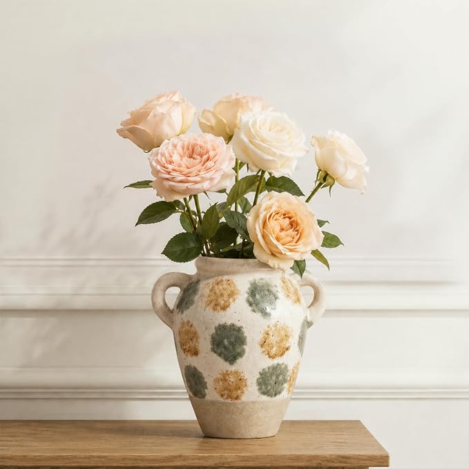 DOWAN Ceramic Flower Vase, Decorative Pampas Vase for Home Decor, Modern Farmhouse Pottery Vase for Living Room Table Kitchen Bedroom Coffee Desk Entryway Mantel Book Shelf (Green Crackle, 6.9 INCH)