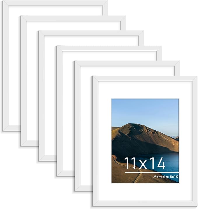 11x14 Picture Frame Set of 6,Wall or Tabletop,White Woodgrain | Display 8x10 with Mat or 11x14 Without Mat, Horizontal or Vertical, Gallery Wall Frame Set for Wedding & Room & Home Decor