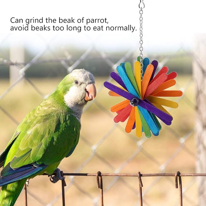 Colorful Interactive Bird Chew Stick Toy, Hanging Wooden Chew Toy for Parrots, Parakeets, Cockatiels, Conures, Lovebirds, 8.7x4.7in