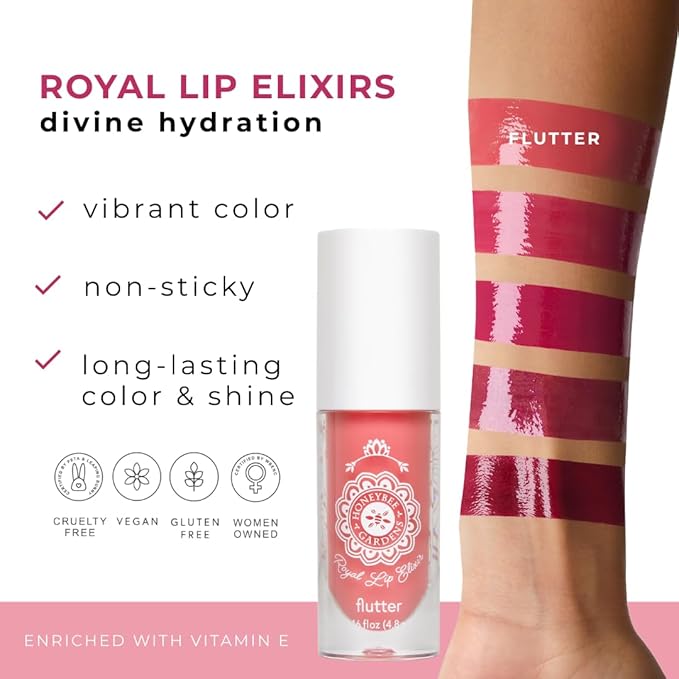 Honeybee Gardens Royal Lip Elixir, Flutter, Soft Pink Blush, Hydrating and Non-Sticky Liquid Lip Color, Vegan, Cruelty-Free Beauty
