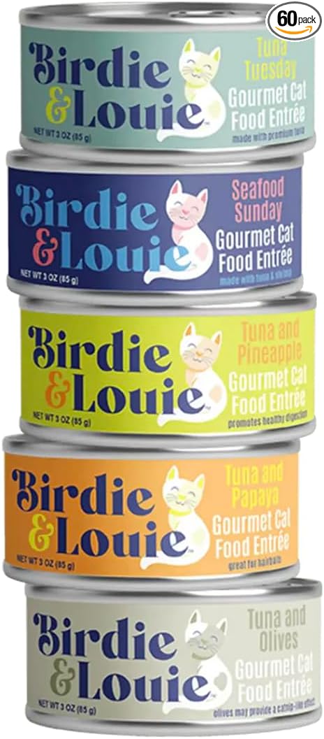 Birdie & Louie Wet Cat Food Variety Pack of Tuna Flavors | 6 Cans of 5 Different Tuna Flavors | All Natural Ingredients, Grain Free | 3 Oz Cans, Bulk Case of 60 Cans (60)
