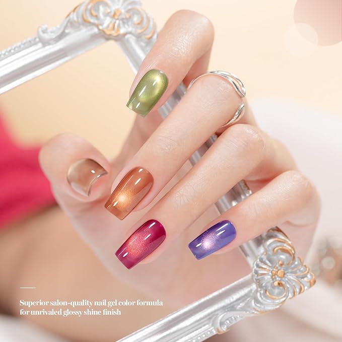 RARJSM Golden Glassy Glitter Cat Eye Gel Nail Polish Set 6Pcs Champagne Rose Pink Olive Green Amber Orange Ruby Red Royal Blue Smoothie Cateye Gel Polish with Magnetic Stick Curing Require Home Salon