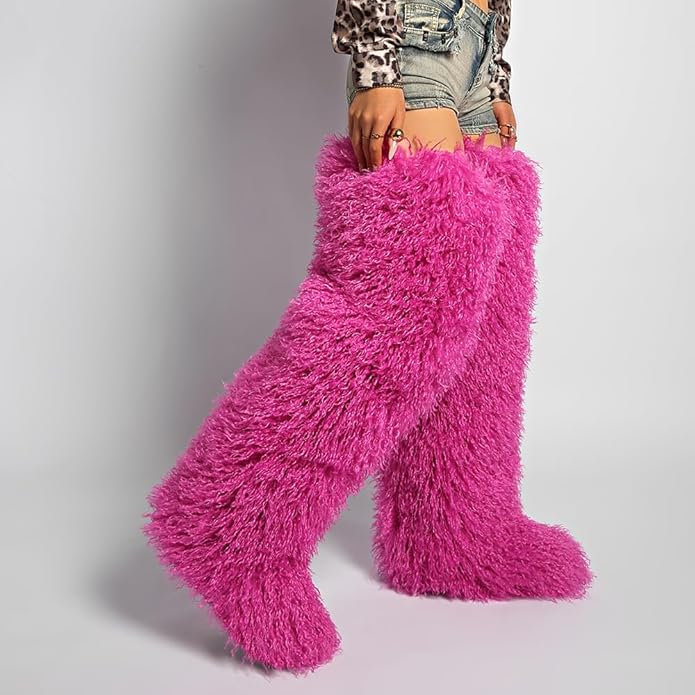 SWEETHEART BEAUTY Thigh High Shagy Teddy Fur Boots, 29 Inch Over the Knee Length Fluffy High Boots, Tall Furry Shoes For Women