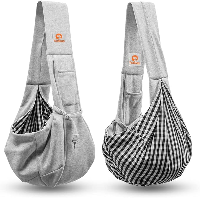 Tomkas Small Dog Cat Sling Carrier Puppy Purse Travel Wrap Soft Crossbody Pet Bag (Gray, M - Classic Pocket & Classic Strap)