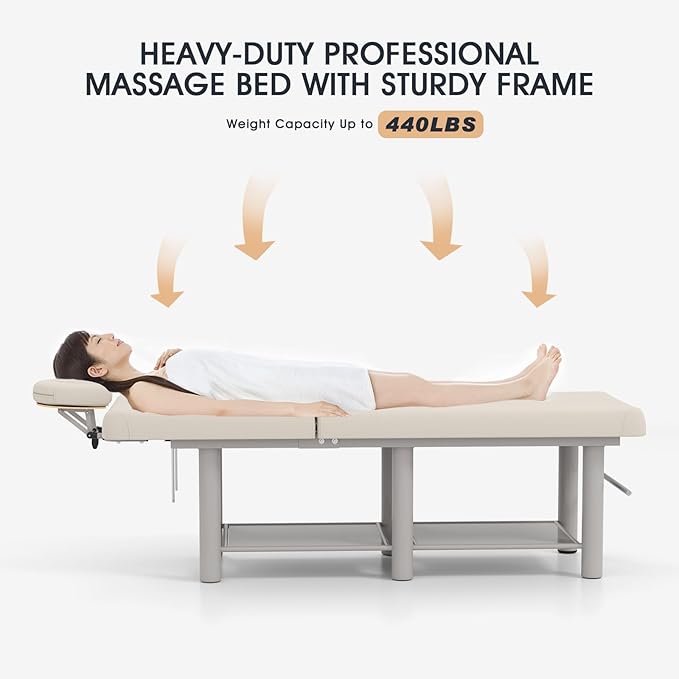 Heavy Duty Wide Stationary Massage Table Metal Frame PU Leather Spa Facial Professional Adjustable Massage Bed with Open-Chest & Headrest for Treatment Physical Therapy Tatoo Salon Equipment (Gray)