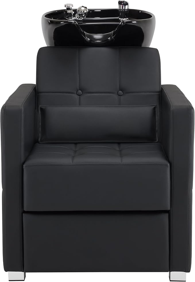 BarberPub Backwash Shampoo Station Chair, Adjustable Porcelain Ceramic Hair Wash Bowl, Vacuum Breaker, Professional Shampoo Chair and Bowl Unit for Salon and Spa 9309 (Black)