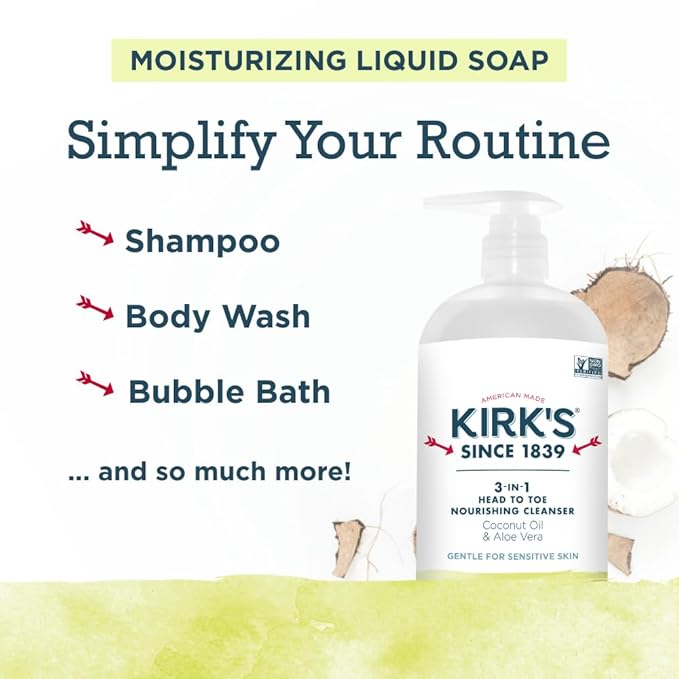 Kirk's 3-in-1 Head to Toe Nourishing Liquid Cleanser- for Men, Women & Children - Premium Coconut Oil & Aloe Vera- Non GMO & Vegan -Juniper & Lime - 32 Fl Oz