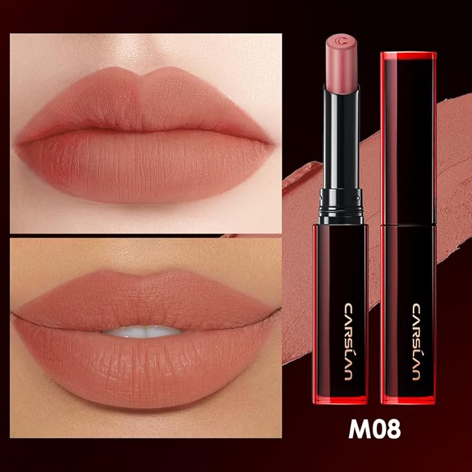 CARSLAN Light Cream Longwear Lipstick, 12H Longlasting Matte Lipstick, High Impact Lip color with Moisturizing Formula with Vitamin E, M08, 0.06 Oz