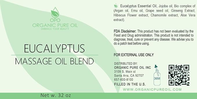 Eucalyptus Massage Oil Blend - Natural, Non-GMO, Eucalyptus Essential Oil Mix of Jojoba, Argan, Grapeseed & More - 32 oz Bulk - Soothing, Deep Tissue, Muscles, Sensual Relaxation