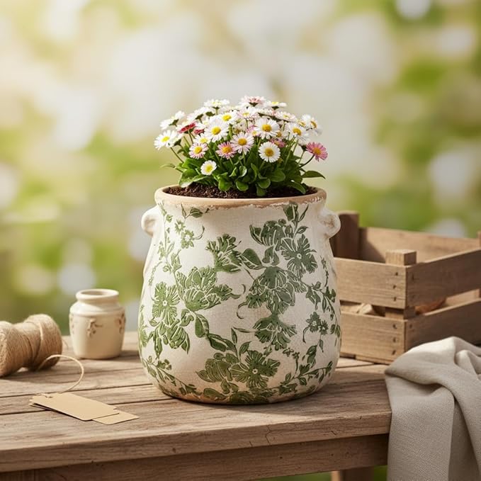 Ceramic Flower Vase, Cottagecore Vases & Planting Pots with Drainage | 6.68" Retro Farmhouse Indoor Plant Pots, English Cottage Decor for Kitchen Dining Table Living Room Bookshelf, Green