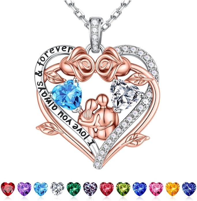 Iefil Valentines Gifts for Her Wife - 925 Sterling Silver Double Heart Birthstone Necklace, Anniversary Birthday Gifts for Women Wife Girlfriend