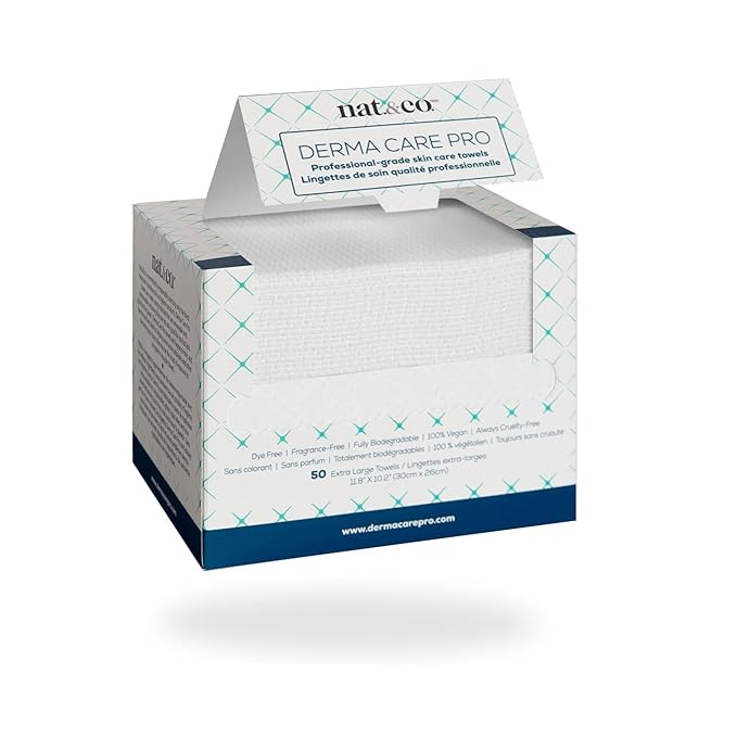 Nat.&Co. Derma Care Pro 100% USDA Biobased Material - Professional Grade Extra Large Face Towels - Bio-Based Towel, Makeup Remover Dry Wipes, Facial Wash Cloths for Sensitive and Clean Skin - 50 Count