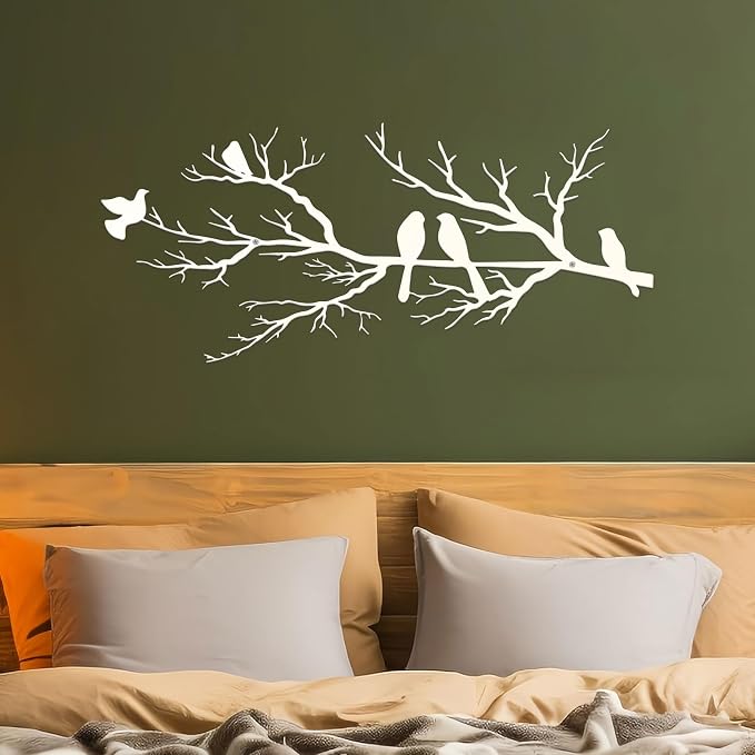 ESTART Metal Birds Wall Art, Metal Vivid Birds on Branch Silhouette Wall Decor White Leaves with Bird Outdoor Hanging Wall Sculpture for Home Living room Bedroom Balcony Garden (White, Small)