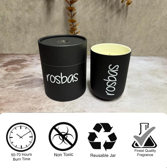 rosbas Pomegranate Cider Soy Wax Candle - 8 oz in Ceramic Jar - Boxed - Clean Burning for Warm Festive Mood - Black - Made in USA