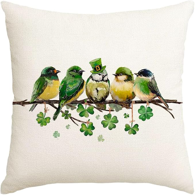 RABUSOFA St.Patricks Day Pillow Covers 18x18 Inch,Birds Shamrock Decorations Holiday Spring Decorative Pillow Case Decor for Sofa Couch Green