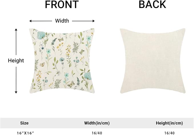 Spring Pillow Covers 16x16 Inch Set of 2, Aqua Teal Sage Green Wild Flower Throw Pillows Case,Colorful Seasonal Floral Plant Outdoor Decorative Farmhouse Decor Cushion Covers for Sofa Bed Couch